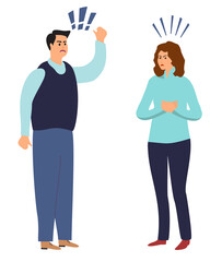 Aggressive screaming characters. Destructive emotions. Family quarrel, woman man bad behavior. Husband and wife conflict illustration. Vector.