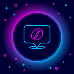 Glowing neon line Location with coffee bean icon isolated on black background. Colorful outline concept. Vector