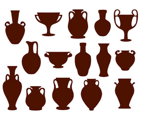 Vector set silhouettes of ancient amphorae and vases. Greece icon collection. Isolated illustration on white background