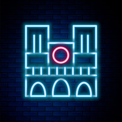 Obraz premium Glowing neon line Landmark of France Notre Dame de Paris icon isolated on brick wall background. Colorful outline concept. Vector