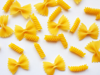 Raw italian pasta, collection of different types of pasta, dry fusilli set, farfalle isolated on...