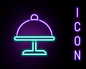 Glowing neon line Covered with a tray of food icon isolated on black background. Tray and lid. Restaurant cloche with lid. Kitchenware symbol. Colorful outline concept. Vector