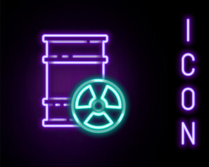 Glowing neon line Radioactive waste in barrel icon isolated on black background. Toxic refuse keg. Radioactive garbage emissions, environmental pollution. Colorful outline concept. Vector