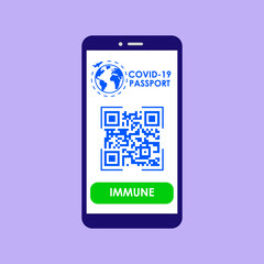 Vaccine passport. A smartphone app with a QP code for travel during the coronavirus pandemic. Vector illustration in flat style. Eps 10.