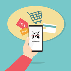 Hand holding mobile phone scanning QR Code for payment, E-commerce concept. Online wallet. Smartphone with shopping icons. Online payment.