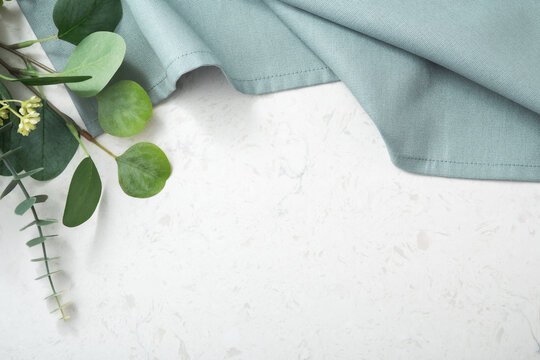 Tablecloth With Green Plant On Marble Background