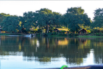 View from the water to an African camp in Zambia
