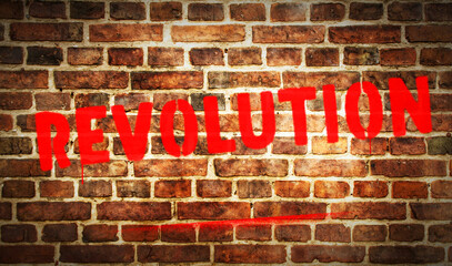 Revolution spray painted inscription on the brick wall