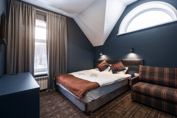 Dark blue color guest house bedroom interior design