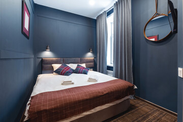 Dark blue color guest house bedroom interior design