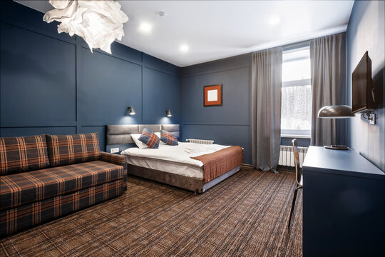 Dark blue color guest house bedroom interior design