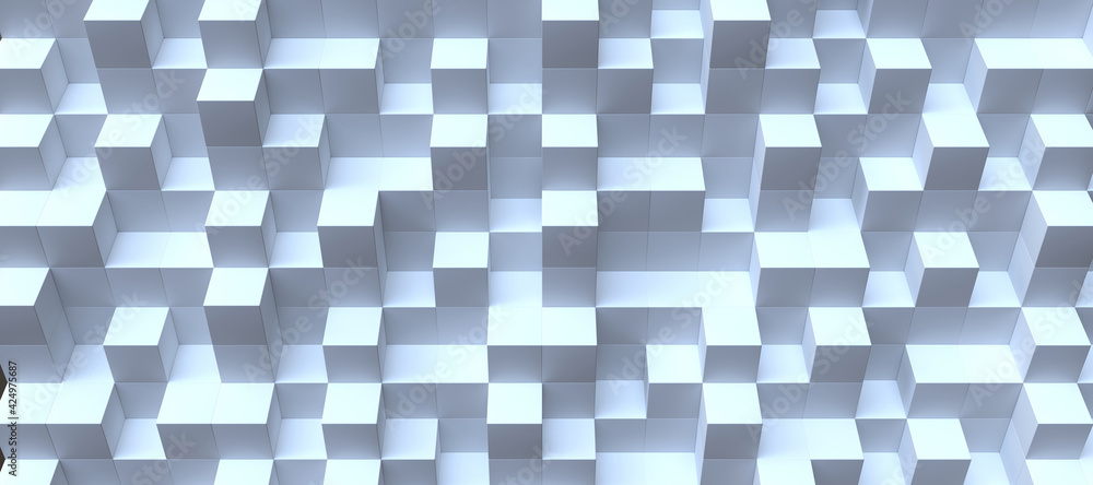Poster horizontal composition of white cubes of different sizes as background and texture.. 3d rendering