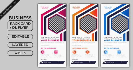 Rack Card or DL Flyer design template in three different colors blue orange pink . This  geometric roll-up banner like flyer layout is used as advert ad placard leaflet for promotion and publication
