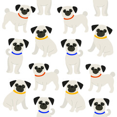 Obraz premium Cartoon happy pug dog - simple trendy pattern with dogs. Flat vector illustration for prints, clothing, packaging and postcards. 
