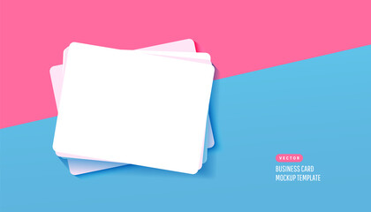 Paper white business card for design template with shadows on a blue background. Vector illustration. Flat lay, top view