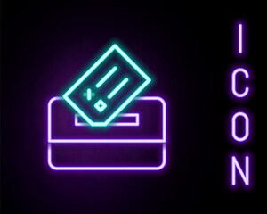 Glowing neon line Vote box or ballot box with envelope icon isolated on black background. Colorful outline concept. Vector