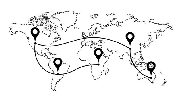 World map travel pin. laid route on the map. travel around the world video motion illustration. 4k video with alpha matte channel.