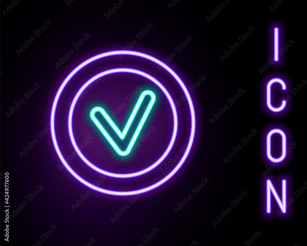 Poster glowing neon line check mark in round icon isolated on black background. check list button sign. col