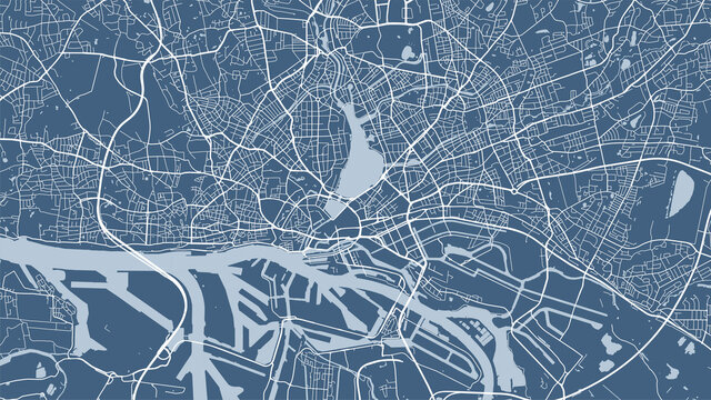 Blue vector background map, Hamburg city area streets and water cartography illustration.