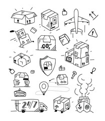 Doodle Delivery set. Outline logistics collection. Hand drawn transportation elements. Doodle box and package. Vector illustration. © Kristina