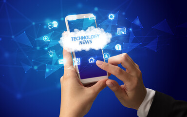 Hand using smartphone with cloud technology concept
