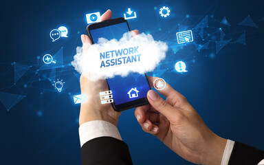 Hand using smartphone with cloud technology concept