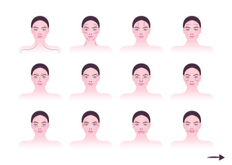Face massage. Massage technique. Massage lines of the face and neck. Vector schematic image. First part.