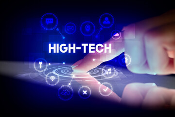 Finger touching tablet with web technology icons concept