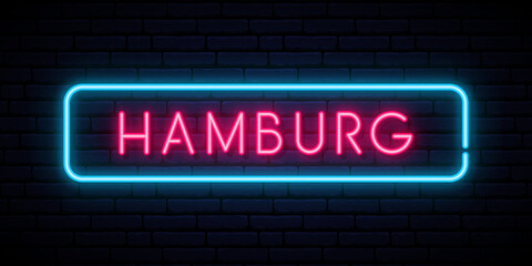 Hamburg neon sign. Bright light signboard. Vector banner. - obrazy, fototapety, plakaty