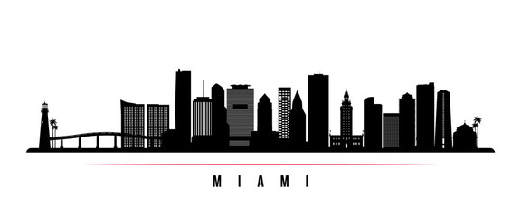 Obraz premium Miami skyline horizontal banner. Black and white silhouette of Miami, Florida. Vector template for your design.