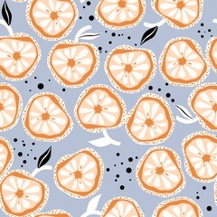 Orange seamless pattern. Organic healthy fruit background with leaves. On a blue background