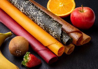 Assorted fruit marshmallows rolled into rolls