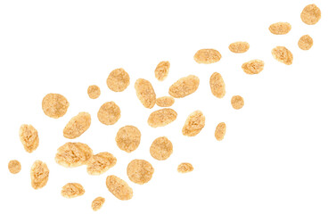 Many corn flakes isolated on white background. Falling food or cornflakes