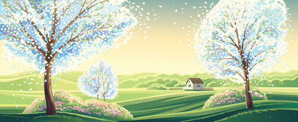 Spring rural landscape with flowering fruit trees and a lonely house in the background 