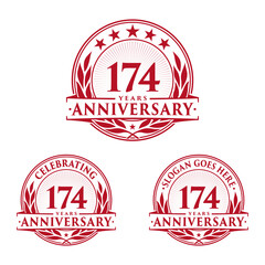 174 years anniversary logo set. 174th years anniversary celebration logotype. Vector and illustration.
