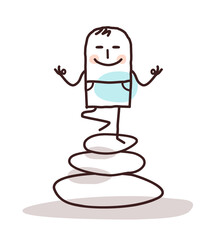 Cartoon yoga man on pile of stones