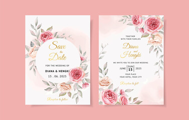 Soft pink watercolor wedding invitation card with beautiful floral