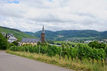 Fototapeta premium Church of Lieser overlooking Moselle river in Germany
