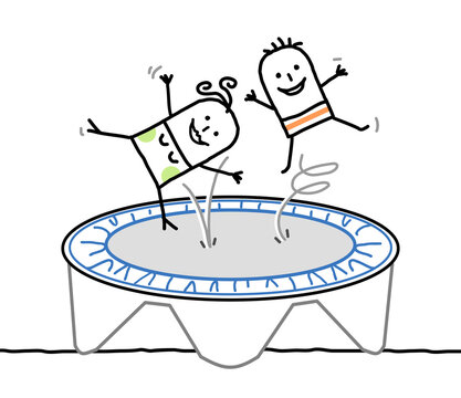 Cartoon Children having Fun on a Trampoline