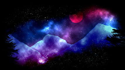 Starry Sky Dark Landscape with Red Moon