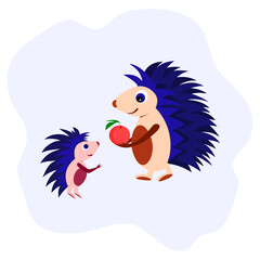 An adult hedgehog with blue needles gives the little hedgehog an apple. Cartoon illustration for the design of children's things, greeting cards, children s t shirt, fabric, dishes, cups, notebooks