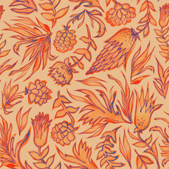 Botanical Seamless watercolor vintage pattern. Floral design. Hand drawing. Background for textile, paper and other print and web projects. Design for banner, poster or print, for paper, postcard.
