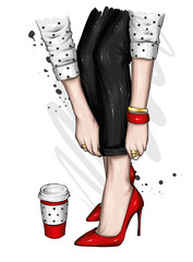 Women's legs in stylish jeans and high-heeled shoes. A glass of coffee. Fashion and style, clothing and accessories. Vector illustration for a postcard or poster.