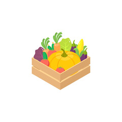 A set of fresh vegetables in a wooden box on a white background.