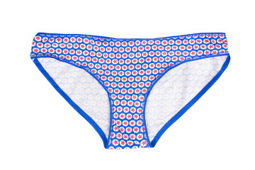 Blue women's panties with pattern of red stars in rounds, isolated on white background.