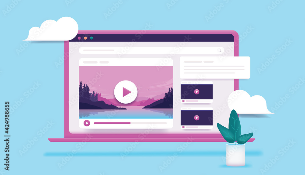 Poster Laptop with video on screen - Computer with unbranded tube website and ui elements. Watching video content  online concept. professional 3d vector illustration.