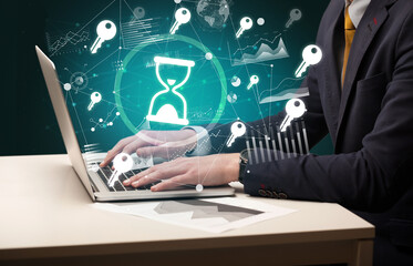 Business hand working on laptop, successful business concept