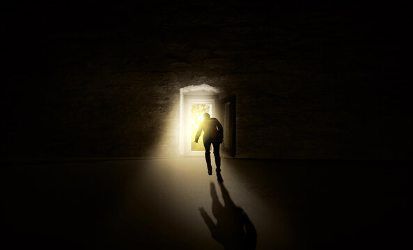 Businessman or employee with depression, burn-out, mobbing stress, burnout on the job, flees and looks for the exit doorway. 