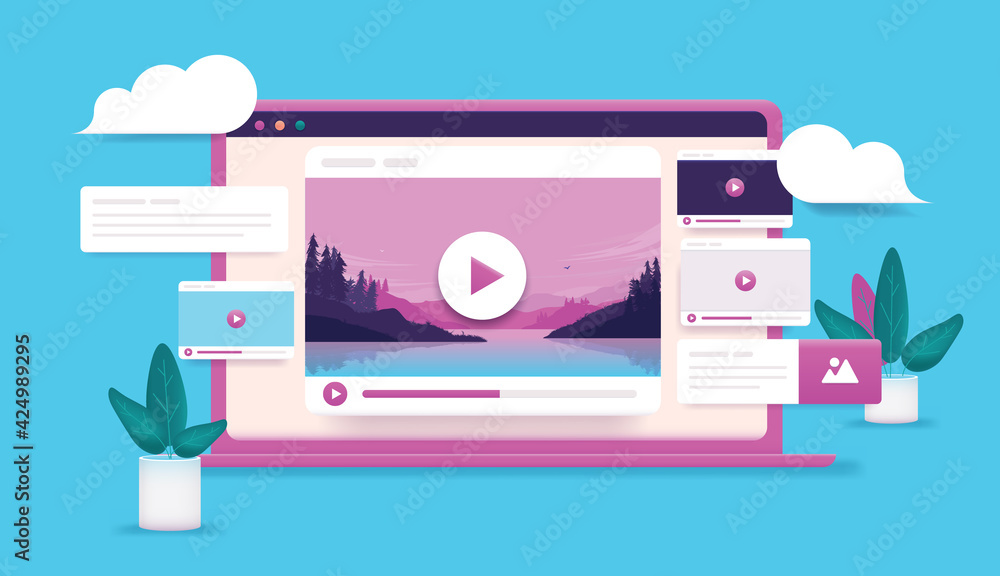 Poster watching videos online - laptop computer with nature video on screen and elements popping out. inter