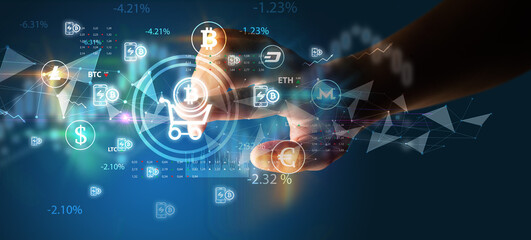 Business person hand pushing currency symbol on multimedia touch screen